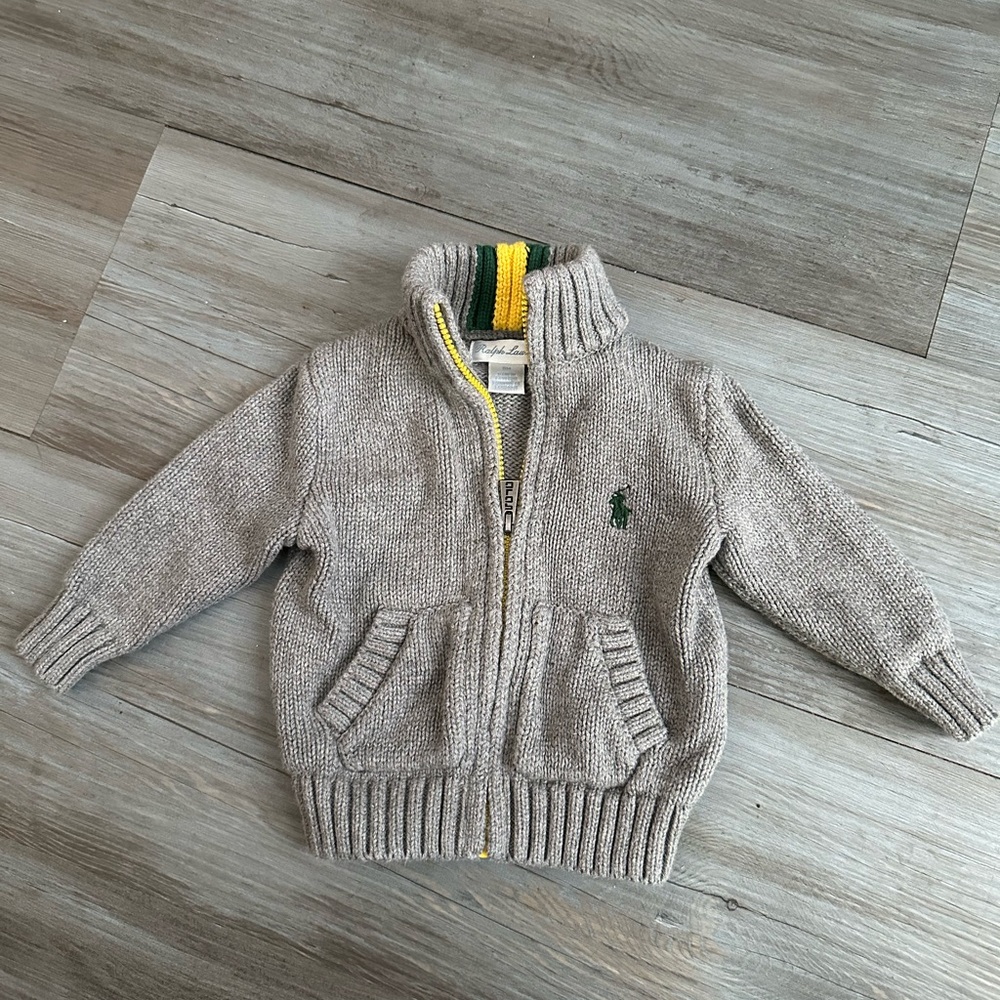 Ralph Lauren Full Zip Sweater Baby Boys' 6M‎ Andover Heather Pockets Long Sleeve